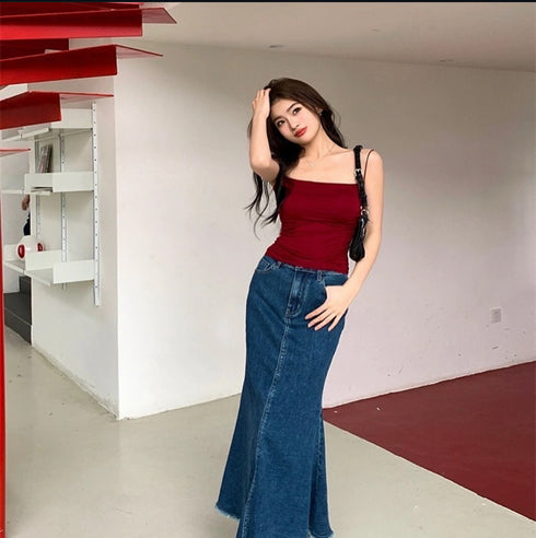 Women Trendy Denim Mid Length Skirts